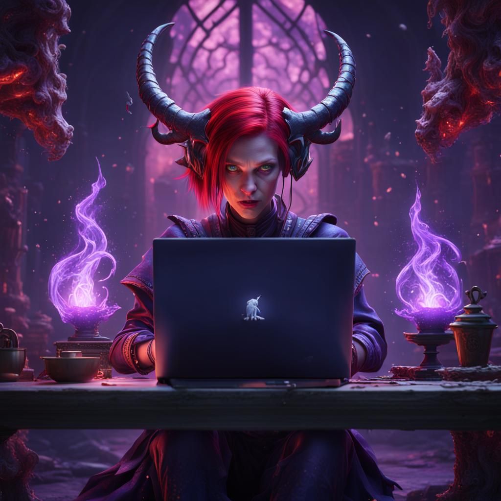 Demon Girl Working on Laptop in Detailed Matte Painting
