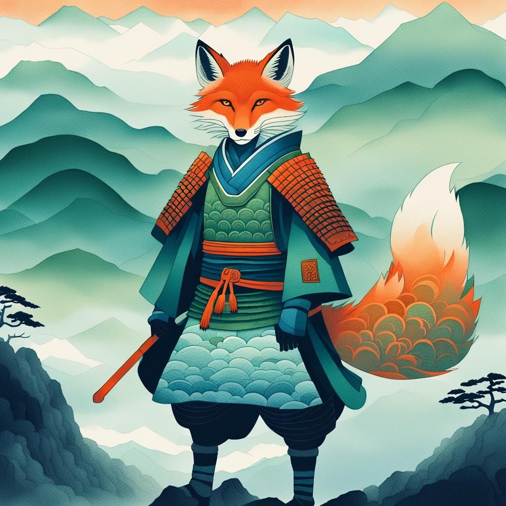 Samurai Fox Spirit in Misty Mountains: Japanese Illustration
