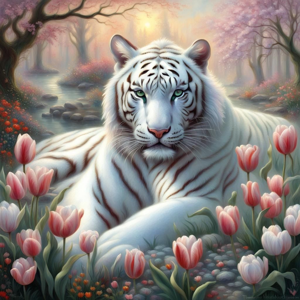 Ethereal White Tiger Queen in Tulip Garden