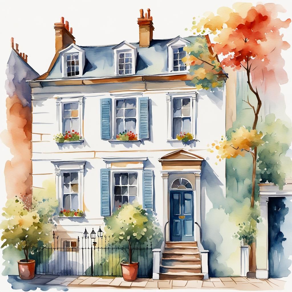 Georgian Townhouse in Watercolor Gouache Style