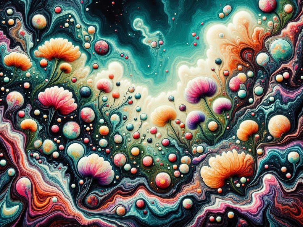 Vibrant Whimsical Garden in Abstract Fluid Art