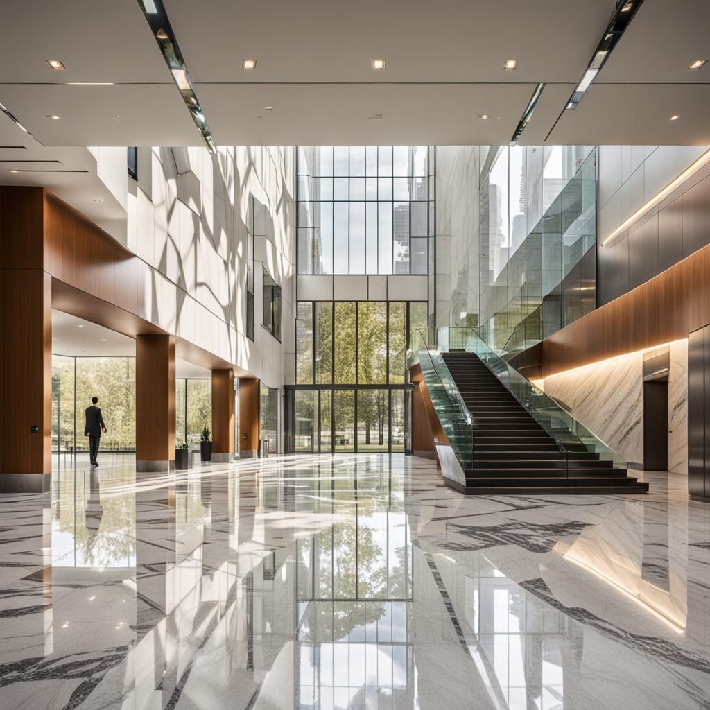 Modern Lobby with Glass Walls and Marble Floor