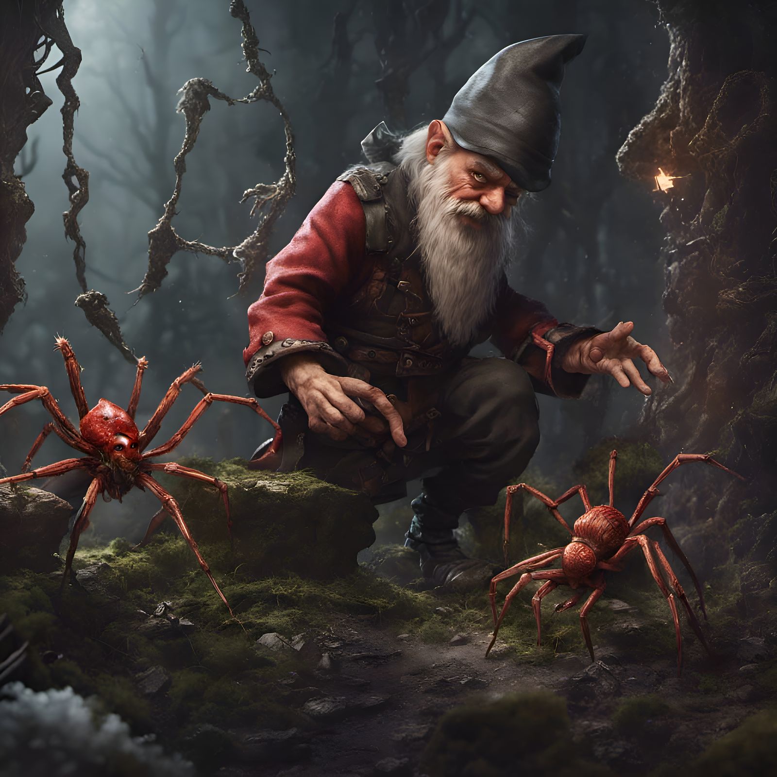 Gnome Wizard Battles Spider in Detailed Fantasy Art