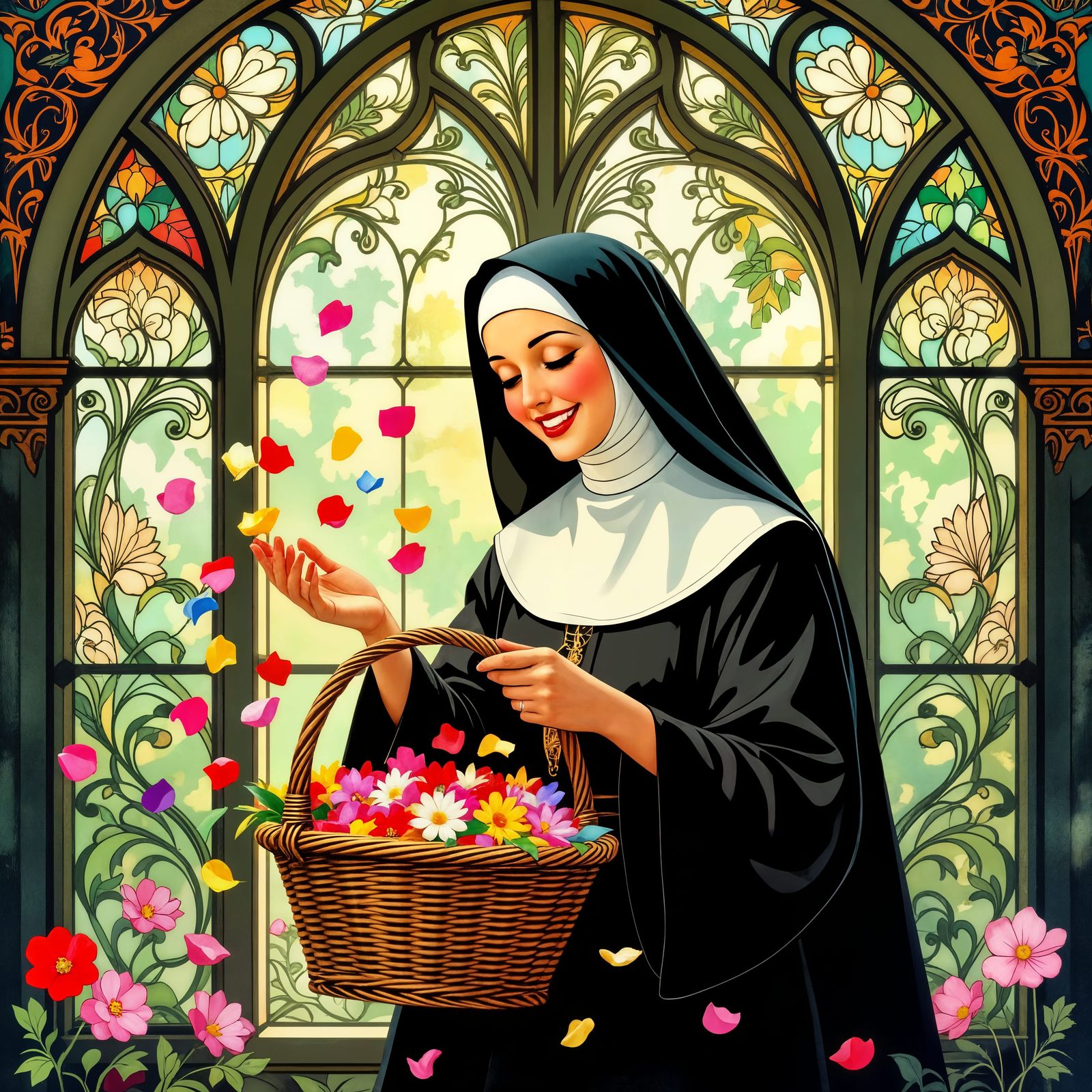 Playful Nun Scattering Flowers in Art Nouveau Style