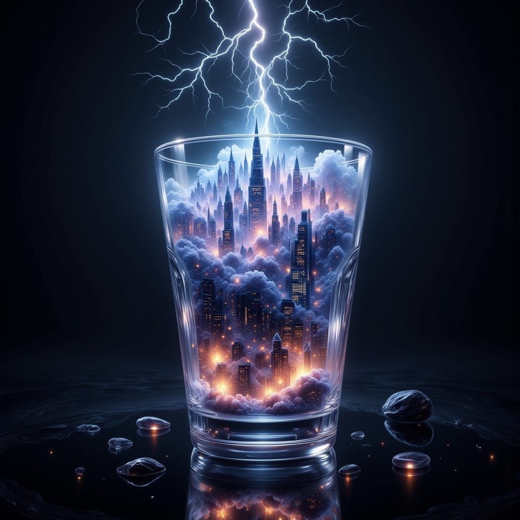 Lightning City in Water Glass 3D Render