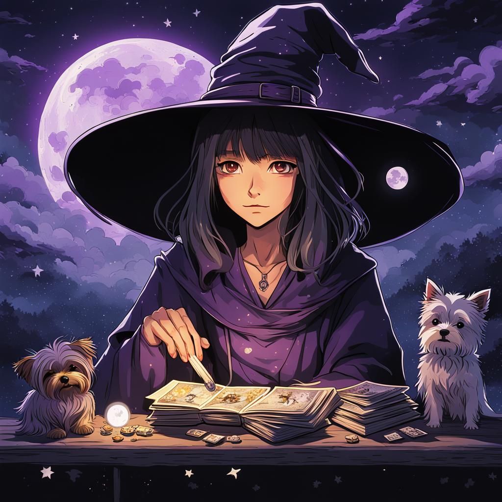 Anime Witch Reading Tarot with Yorkshire Terrier