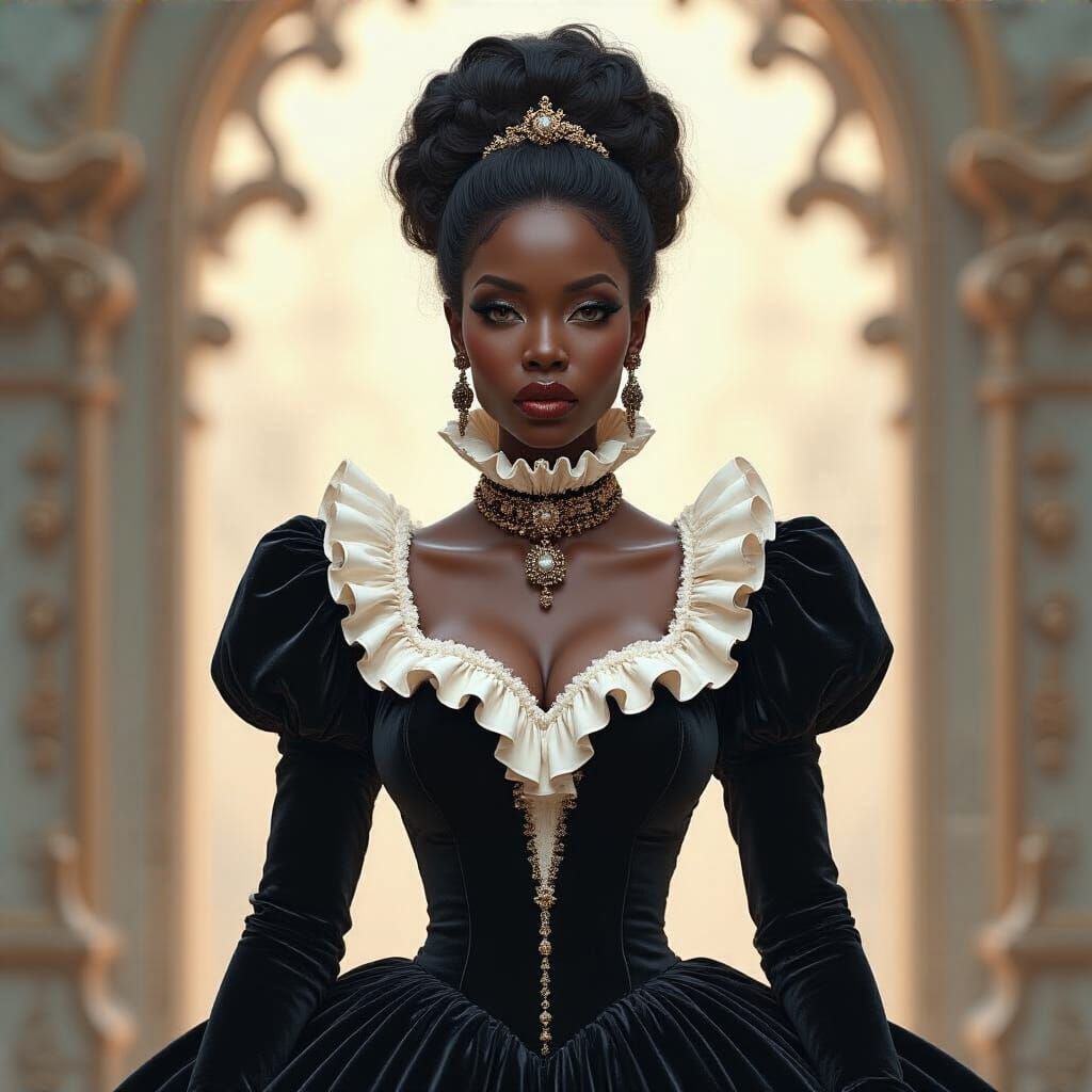 Elegant Woman in Black Velvet Gown, Baroque Art Style