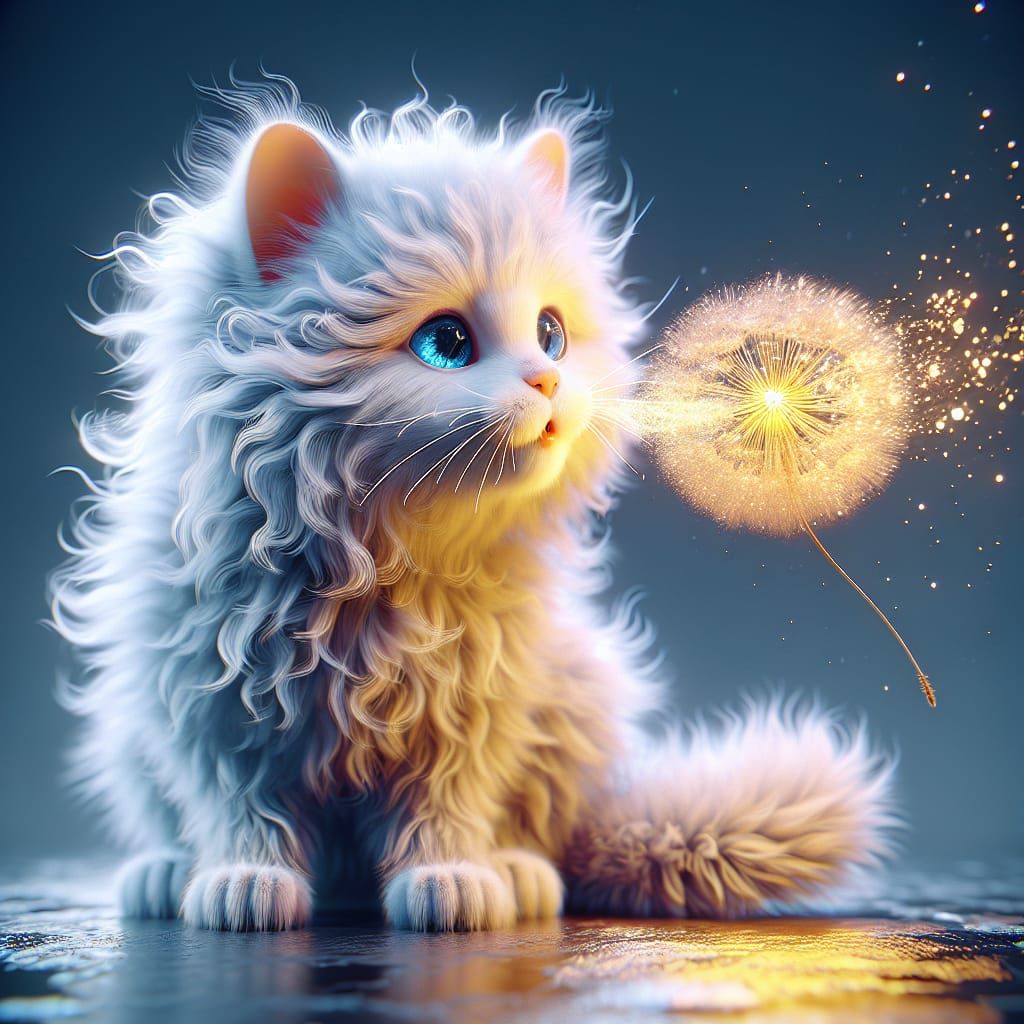 Fluffy Kitten and Magical Dandelion in Matte Painting Style
