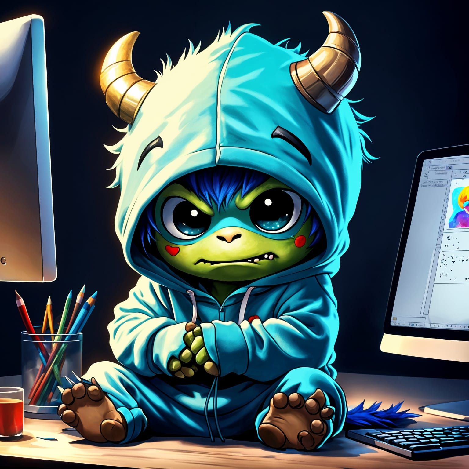 Adorable Monster Artist Works at His Desk