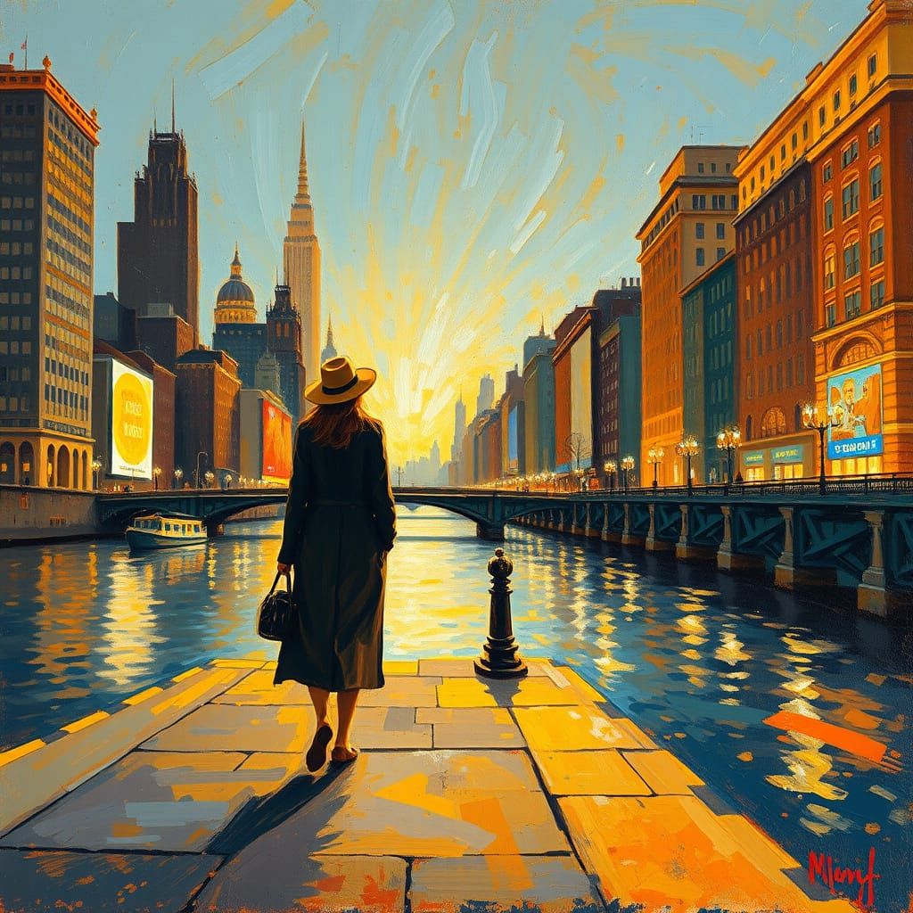 Serene Evening Scene in Neo-Impressionist Style