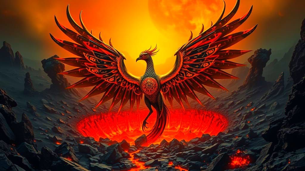 Biomechanical Phoenix Rising from Volcanic Crater