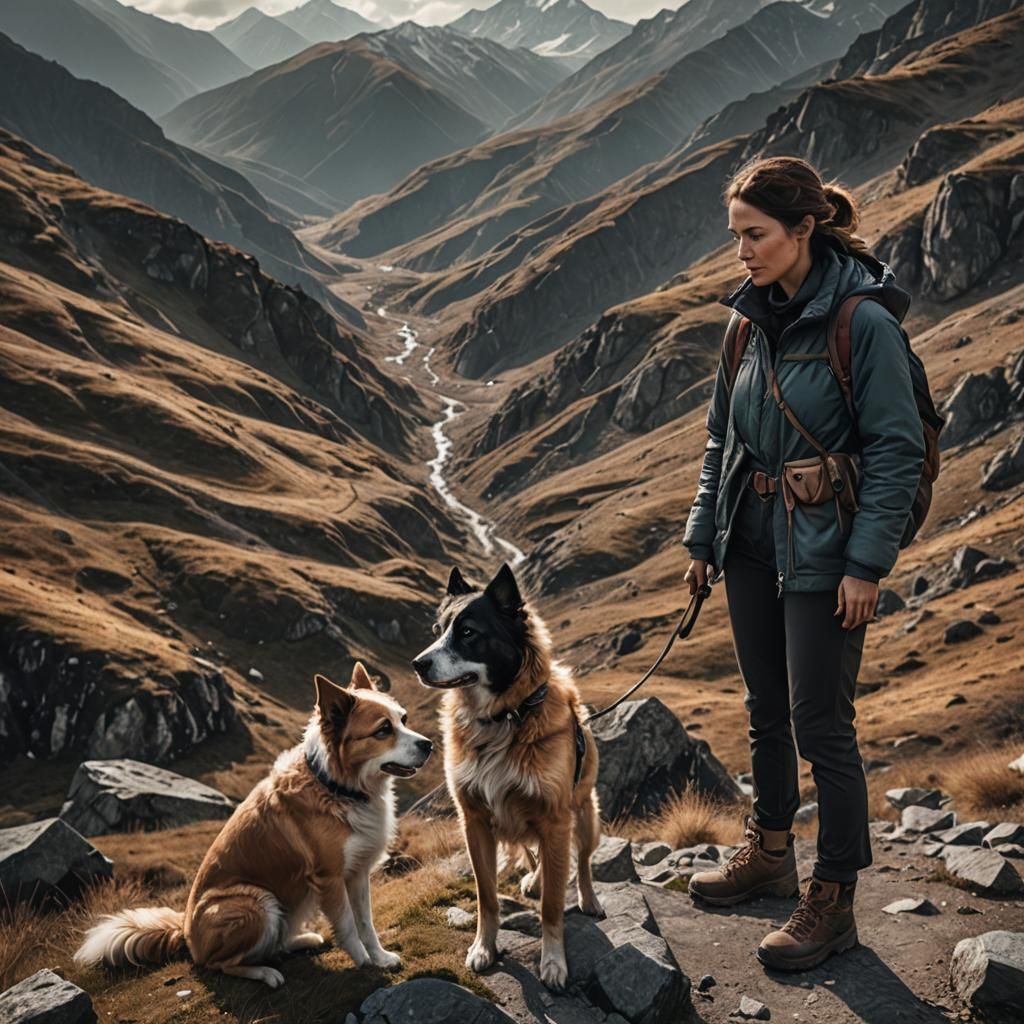 Hyperrealistic Woman and Dog in the Mountains