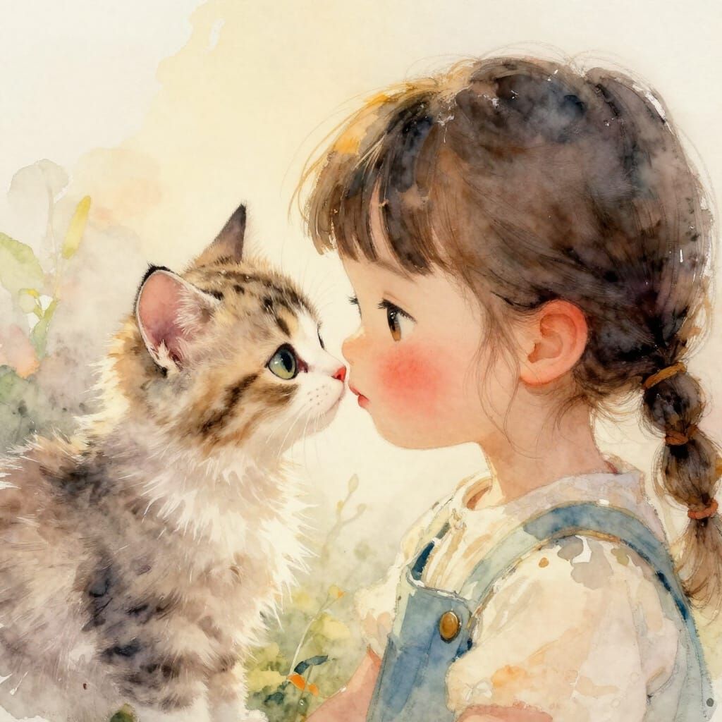Kitten and Girl Nose to Nose in Watercolor Style