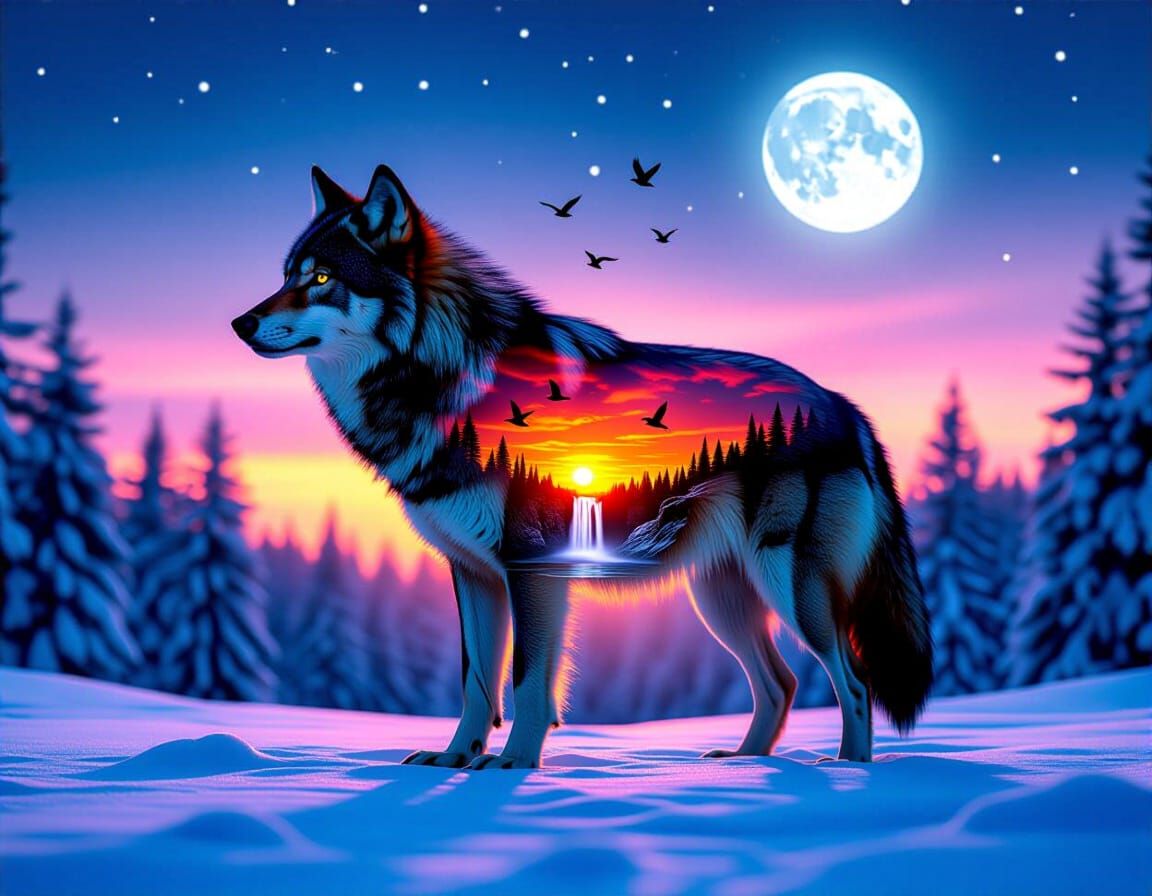 Wolf Silhouette with Sunset Scene, Double Exposure Photograp...