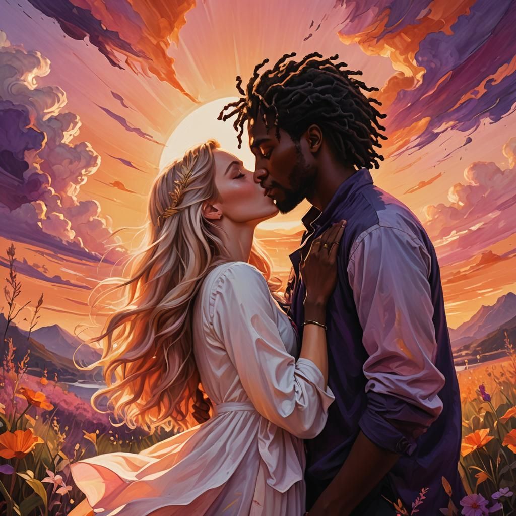 Romantic Sunset Kiss in Vibrant Oil Painting