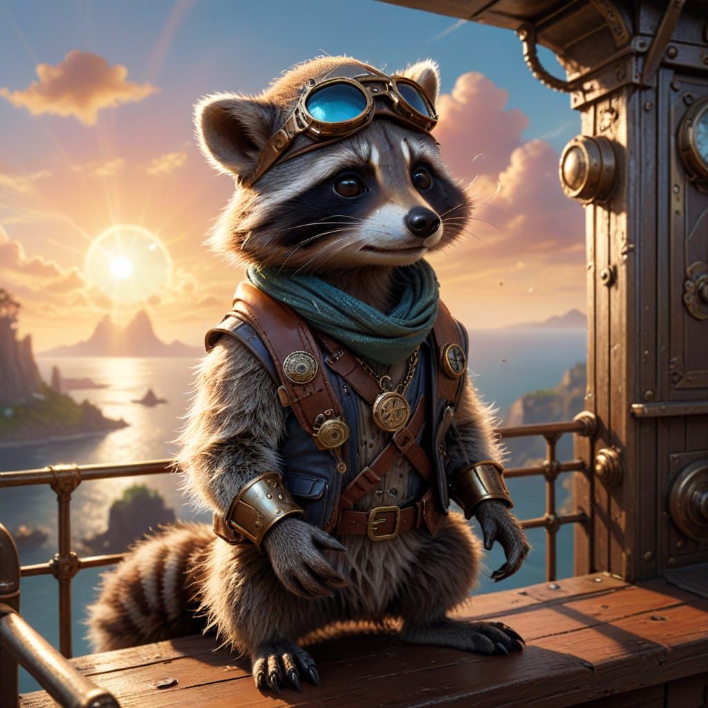 Steampunk Raccoon Scout on Ornate Sky-Skiff