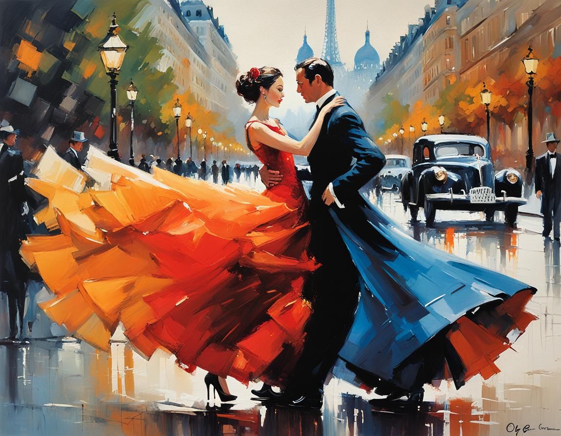 Romantic Waltz in Paris: Impressionist Gouache Painting