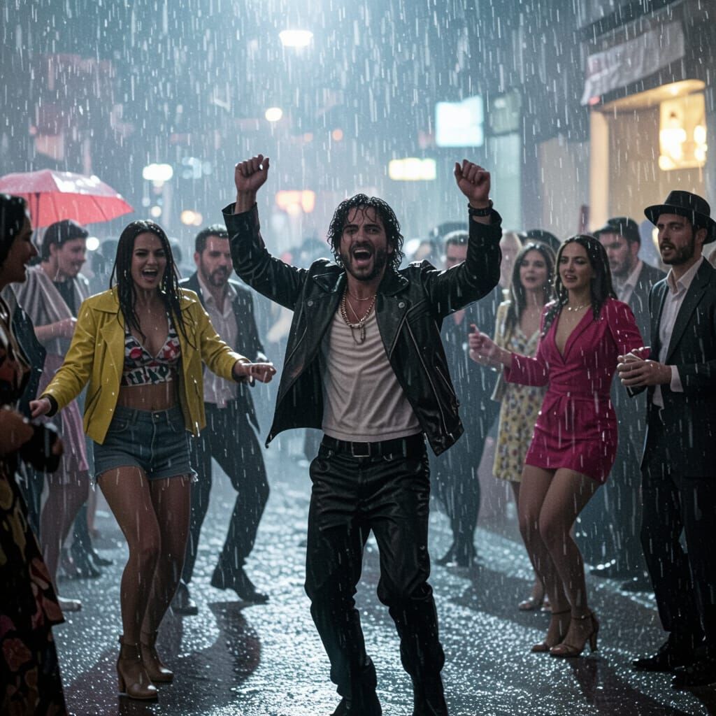 People Dancing in Rain, Cinematic Film Still