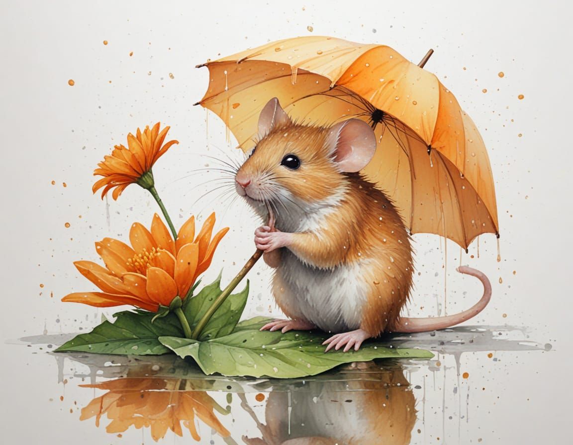 Mouse Shelters Under Flower Umbrella in Rain