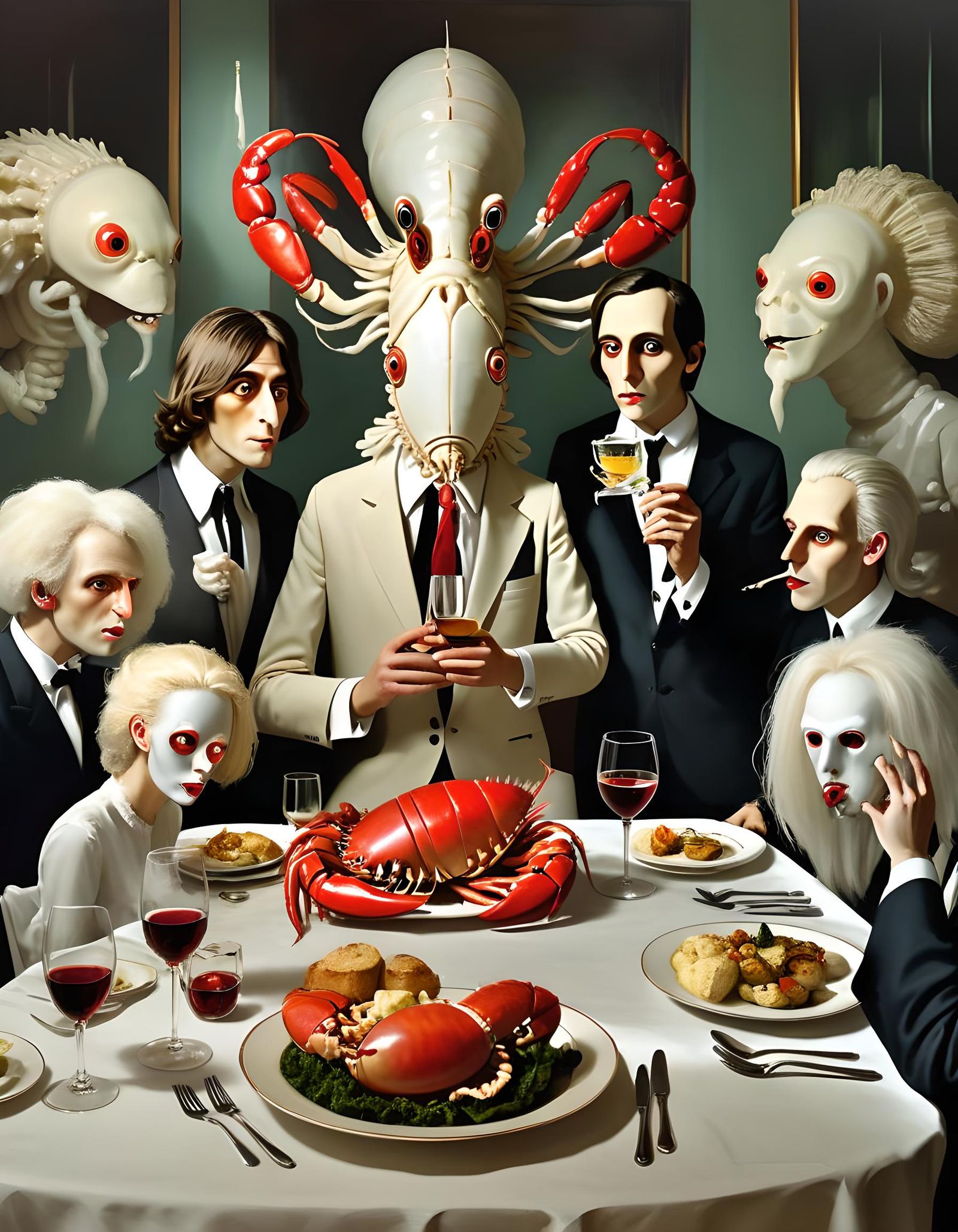 surreal uncanny  very pale beatles with white faces and huge...