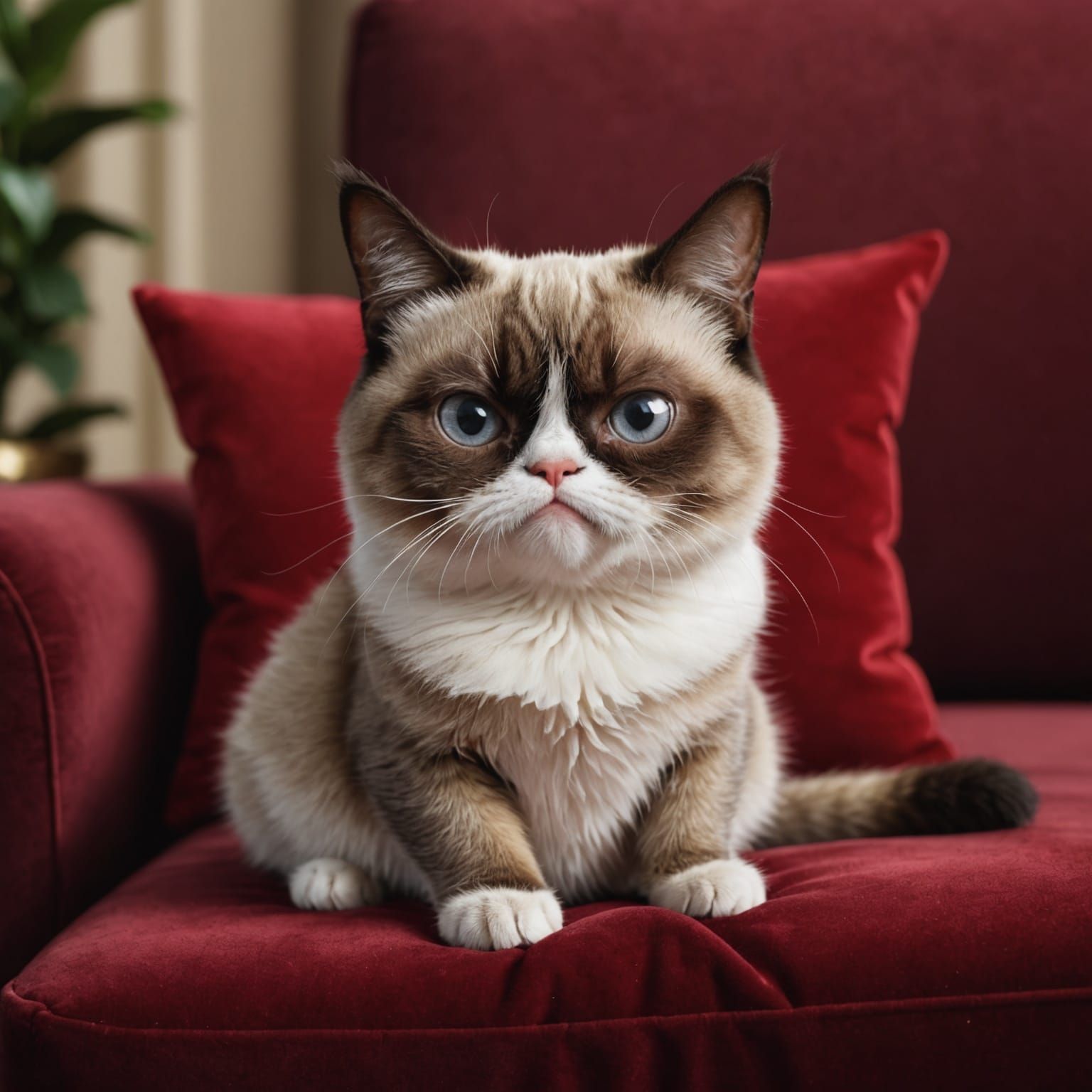 Grumpy Cartoon Cat on Velvet Cushion
