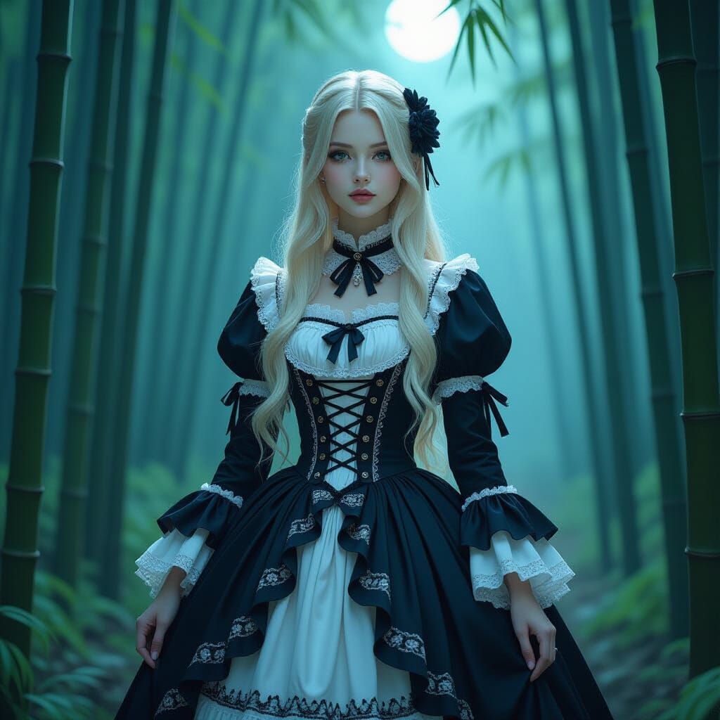 Gothic Lolita in Misty Bamboo Forest, Hyperrealistic Style