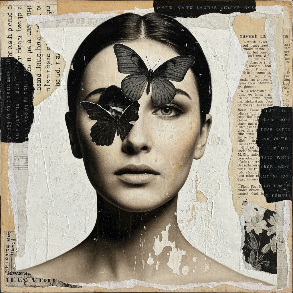 Vintage Collage Art: Woman With Black Butterfly