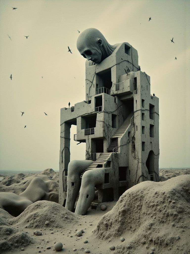 Giant Cracked Mechanical Man in Atomic Age City