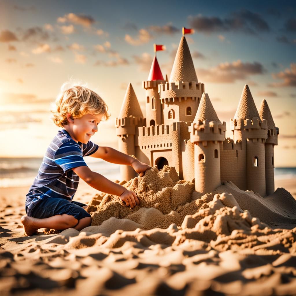 Boy Builds Sandcastle on Beach with Pride