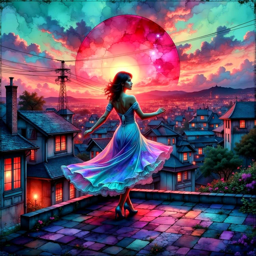 Rooftop Dance in City Lights with Metallic Textures