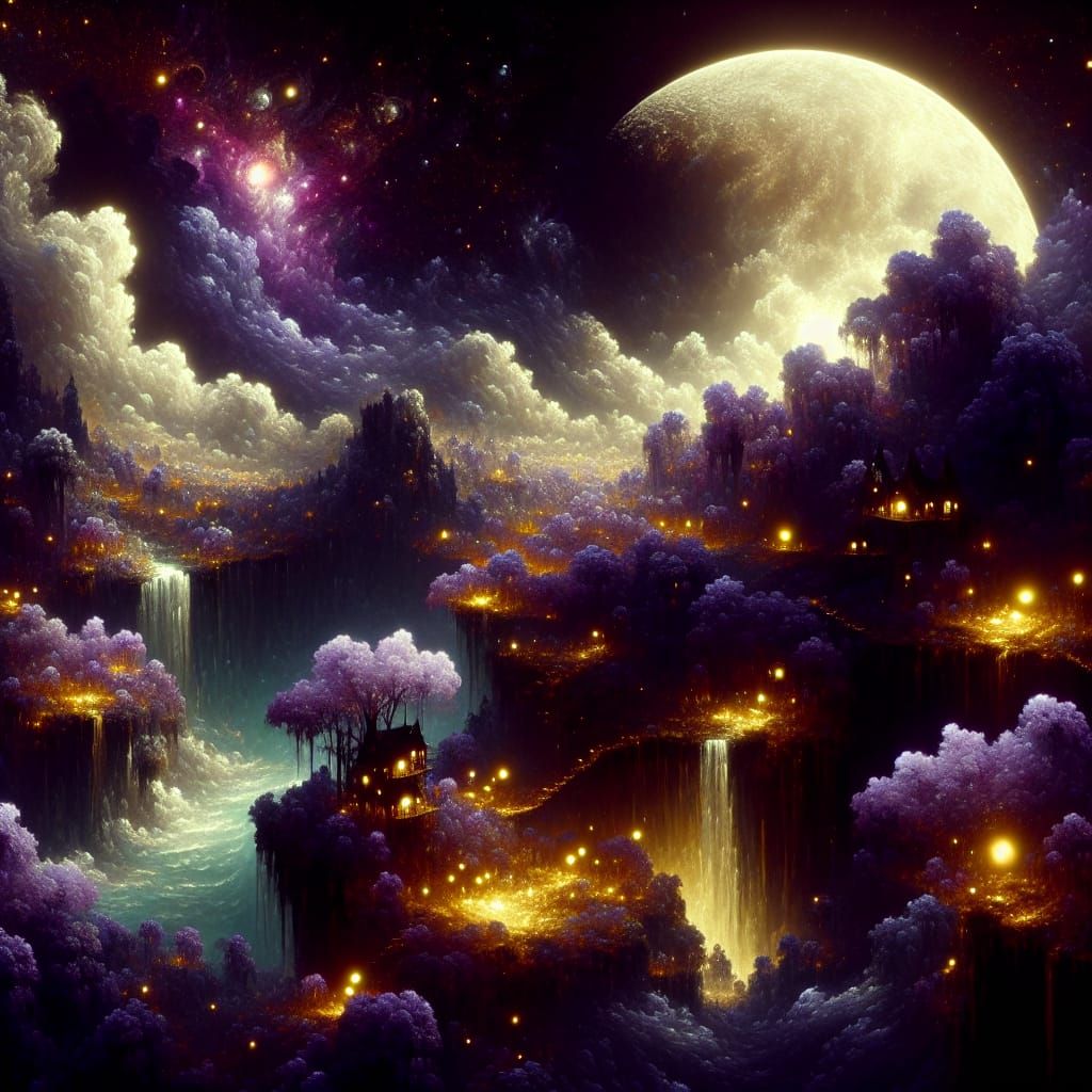 Dark Fairy Valley with Moonlit Treehouses