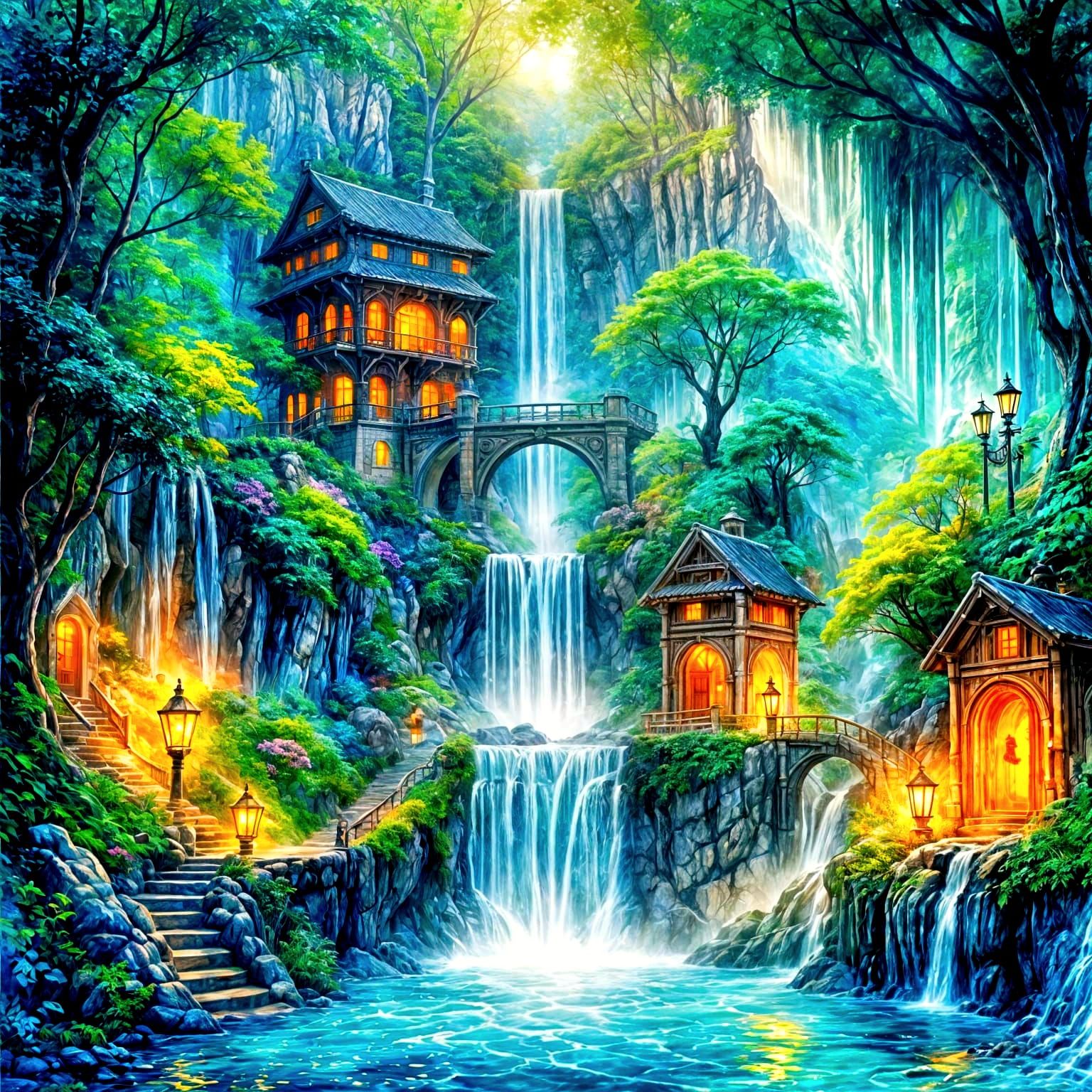 Hidden Tavern Behind Dreamlike Waterfall in Mystical Alleywa...