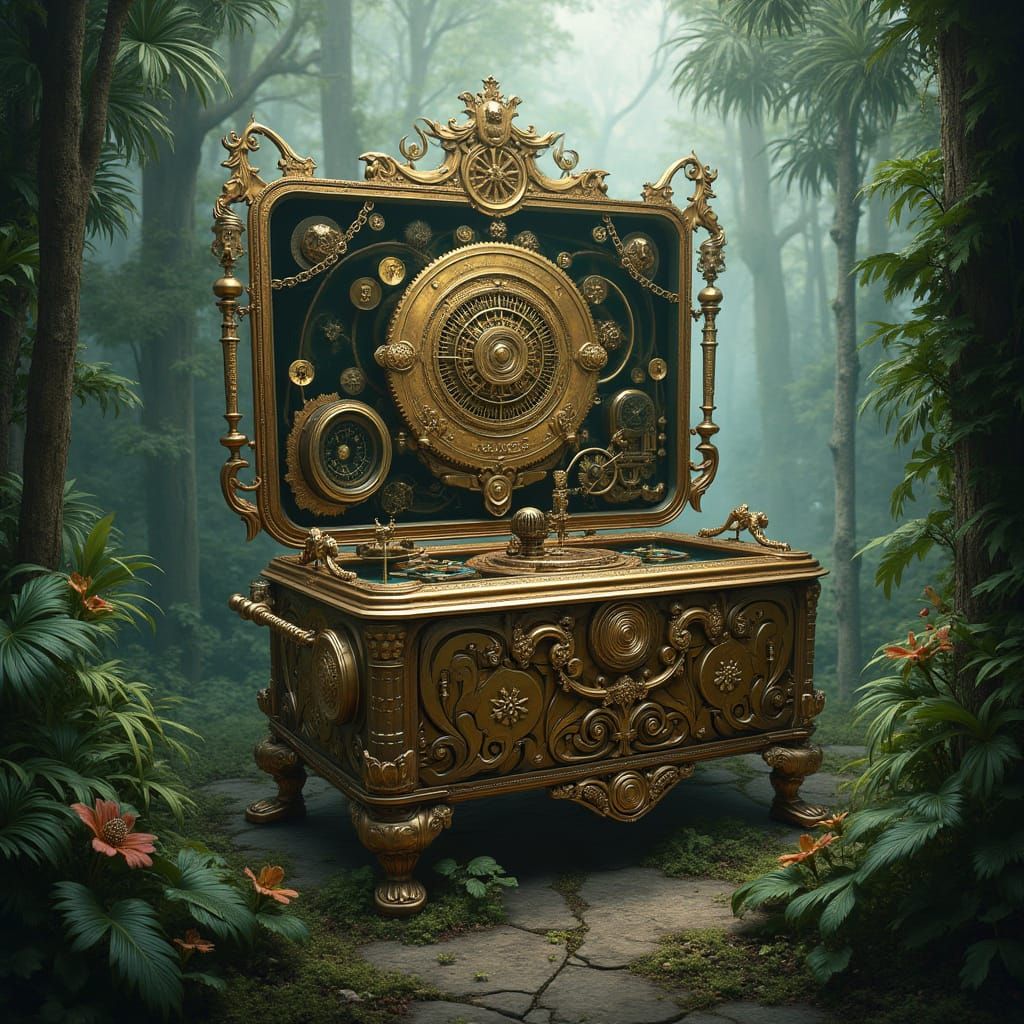 Steampunk Music Box in Jungle, Hyperrealistic Style