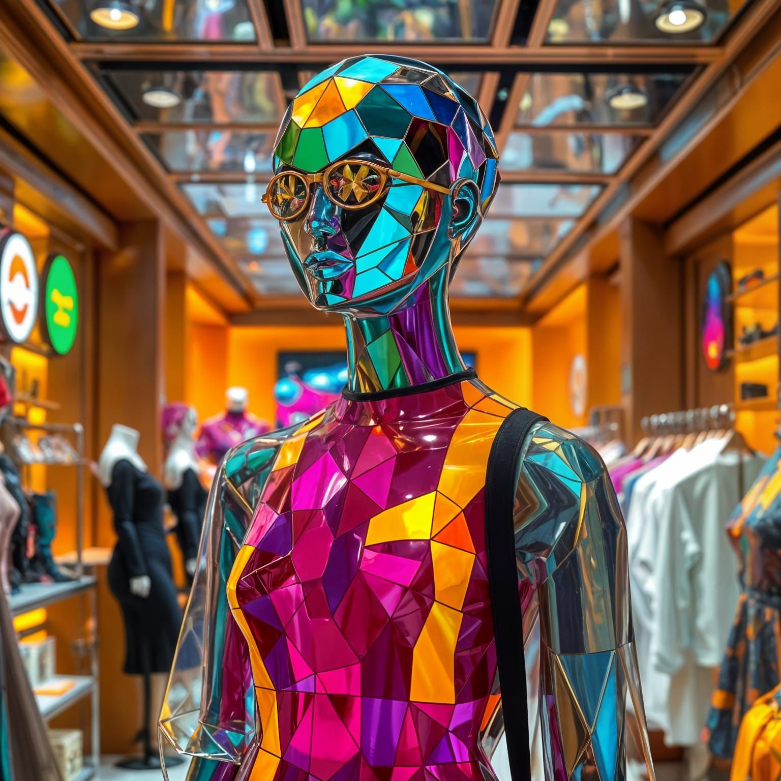 Stained Glass Mannequin in 80s Fashion Boutique