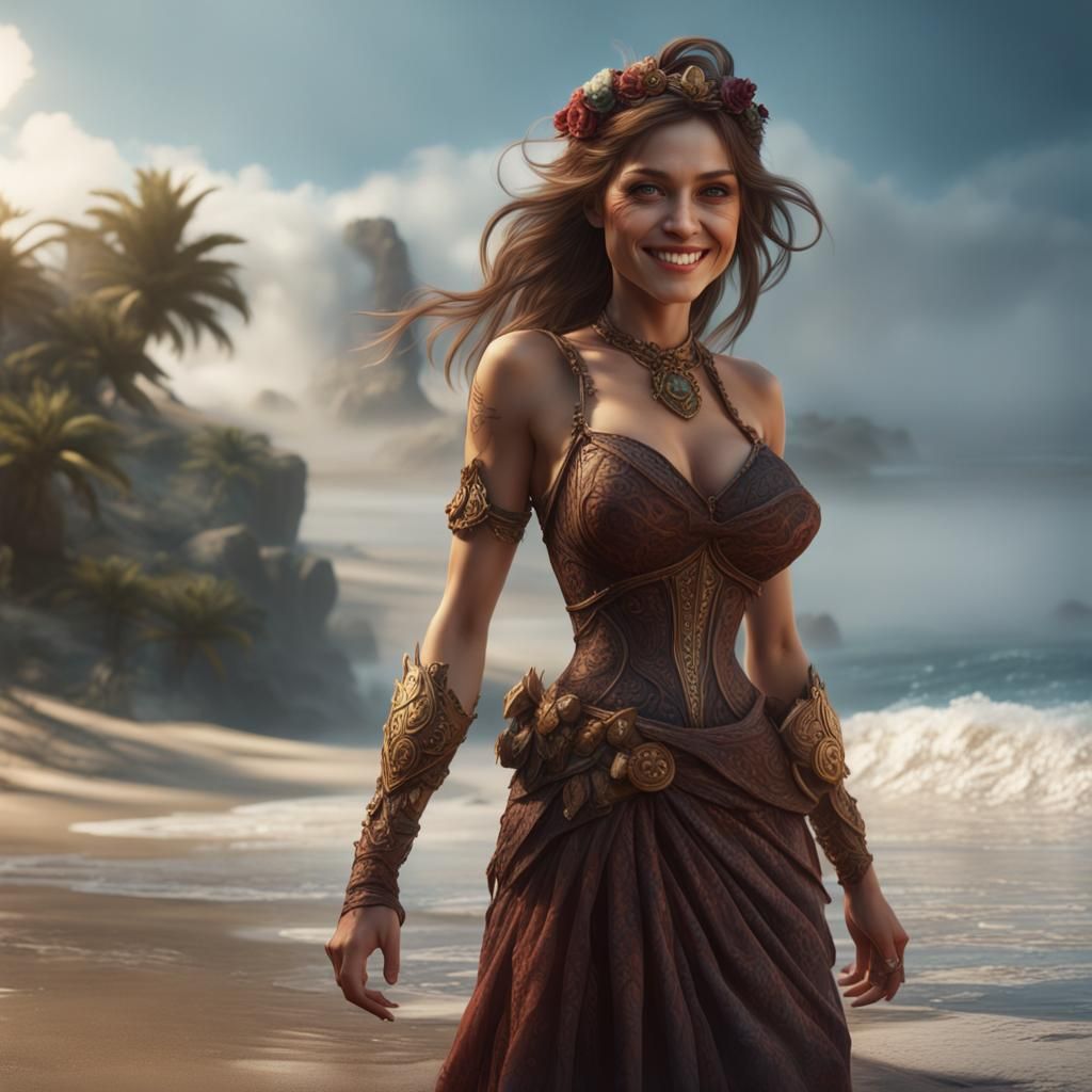 Smiling Girl on Beach: Detailed Matte Painting