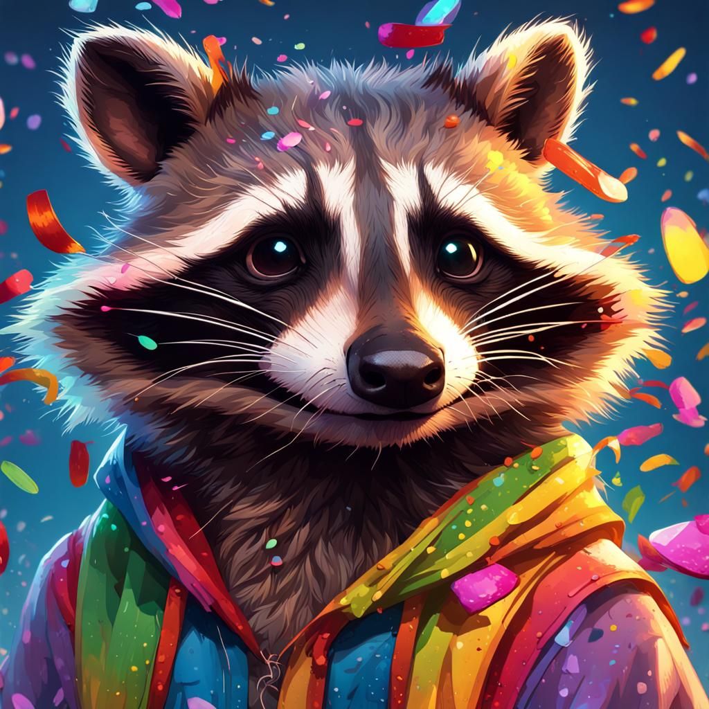 Happy Raccoon Portrait in Rainbow Confetti