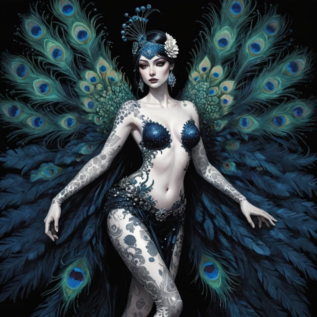Dotted Woman with Peacock Feathers, Comic Book Art