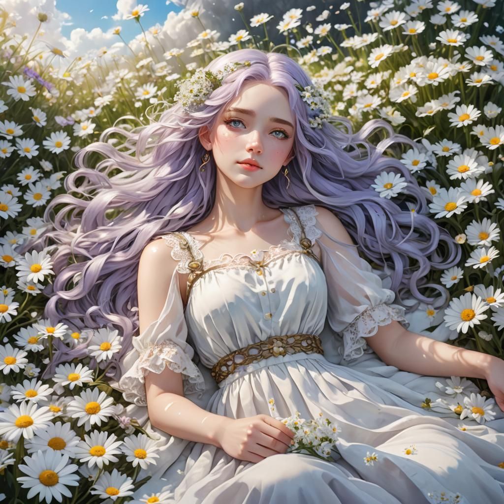 Lavender Goddess Amidst Daisies in Anime Style