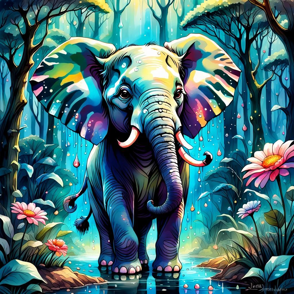 Enchanted Jungle Elephant in Pastel Watercolor Style