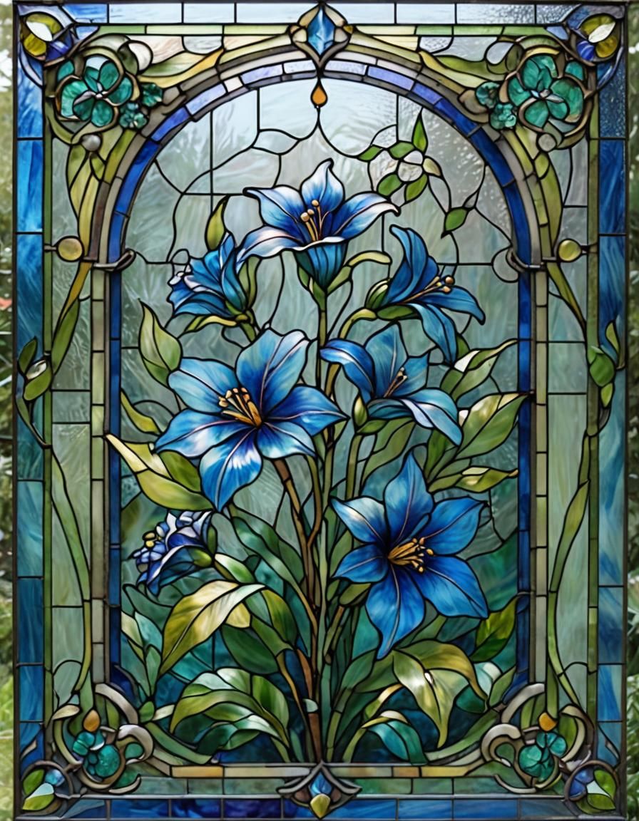 Blue Flag Flower in Stained Glass Art
