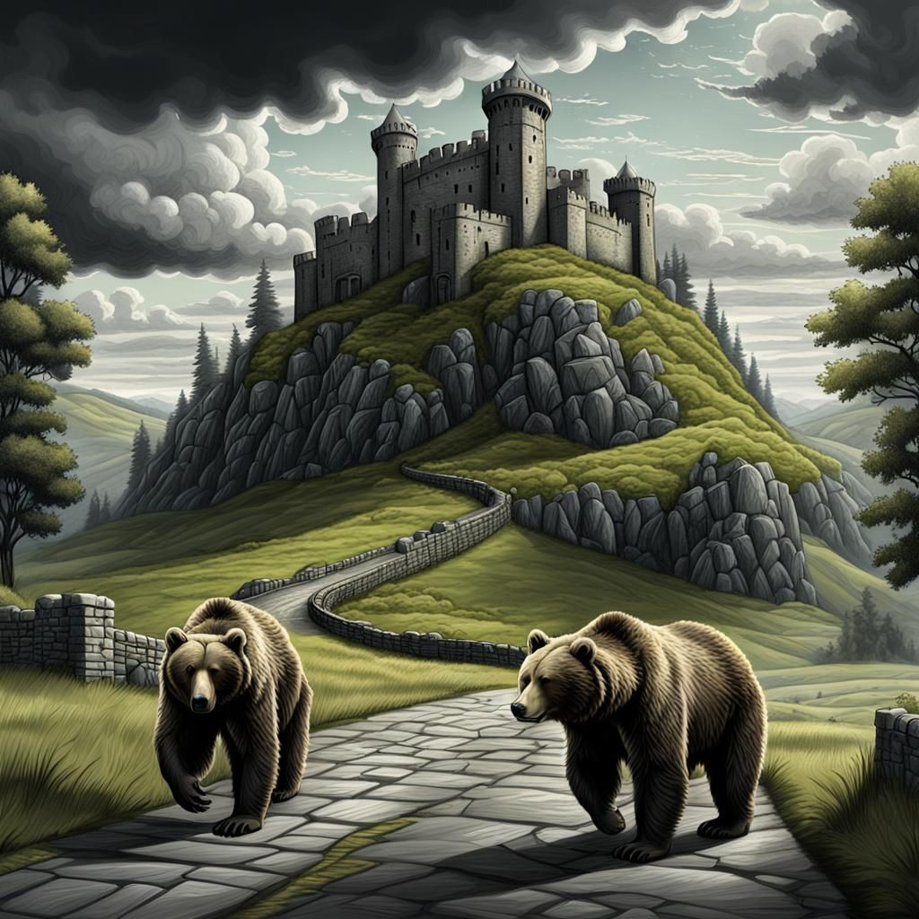 Stone Fortress with Bears in Dark Fantasy Style