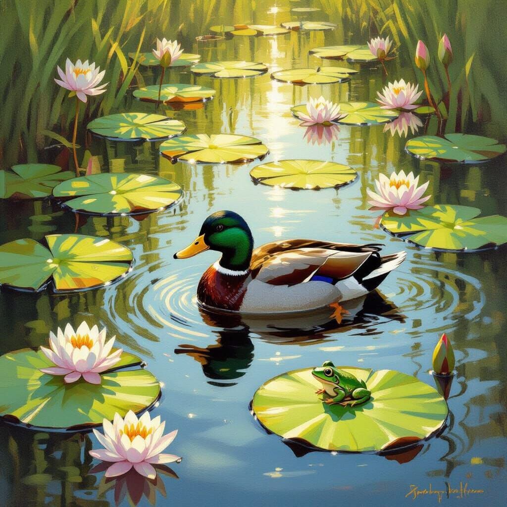 Serene Pond with Mallard Duck and Lily Pads