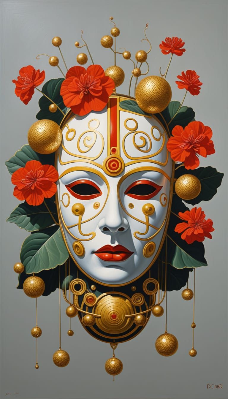 Surreal Porcelain Mask with Golden Elements and Red Geranium...