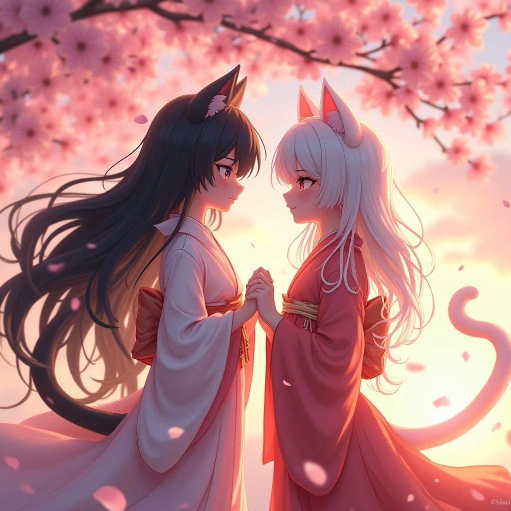Delicate Cat Girl Dancers Under Sakura Blossoms at Sunset