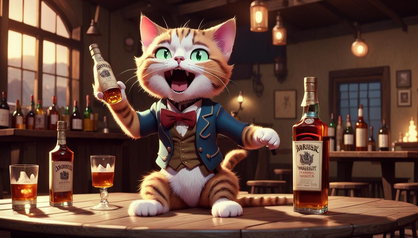 Drunk Cat Singing in Bar: Cel-Shaded Anime Style
