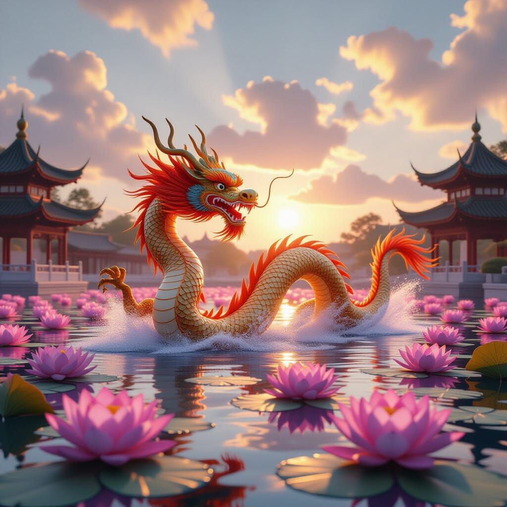 Golden Dragon Soars Over Lotus Pond in Chinese Landscape