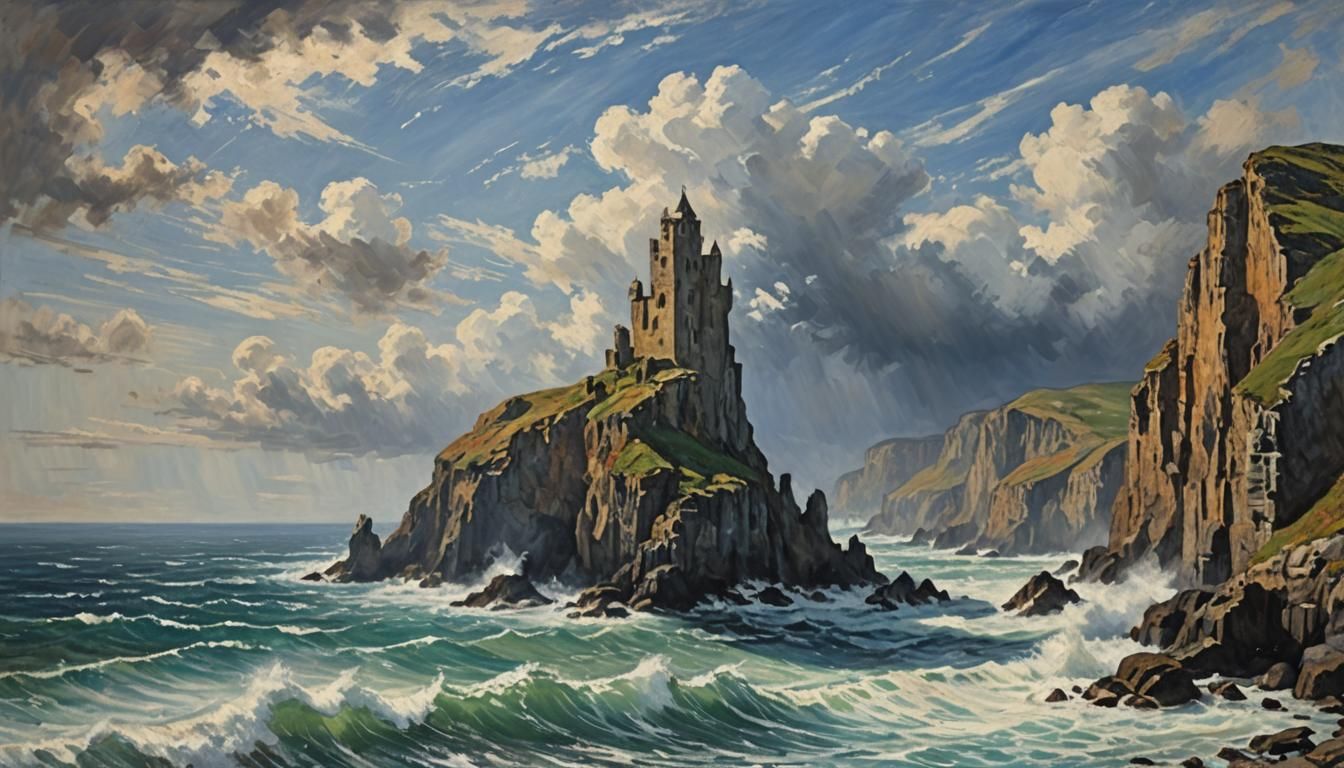 Turbulent Ocean Under Jagged Cliffs in Impressionist Style