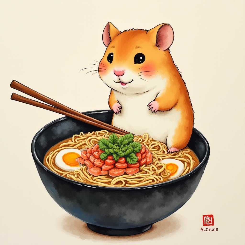 Traditional Japanese Art Hamster Savoring Ramen in Muted Wat...
