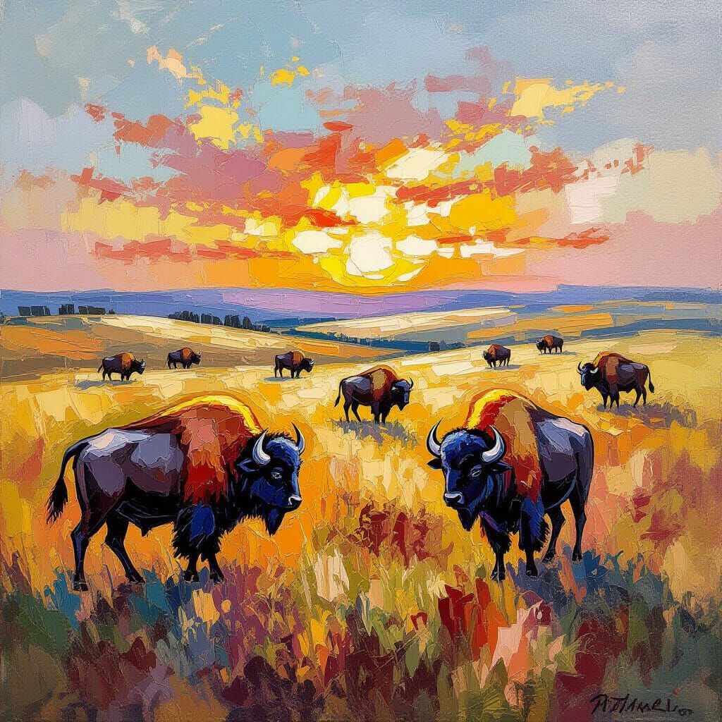 Buffaloes Roam the Great Plains: Impasto Oil Painting