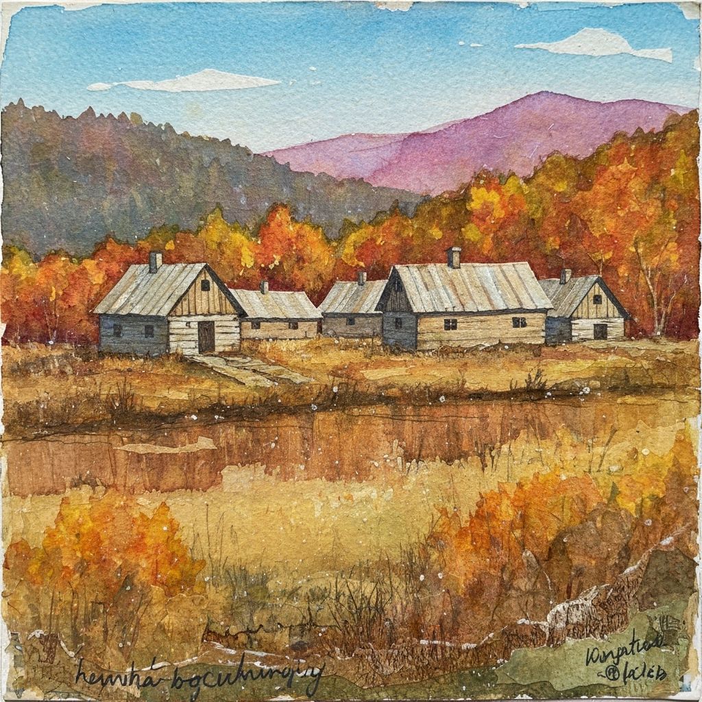 Sparkling Autumn Village Scene in Mixed Media Art